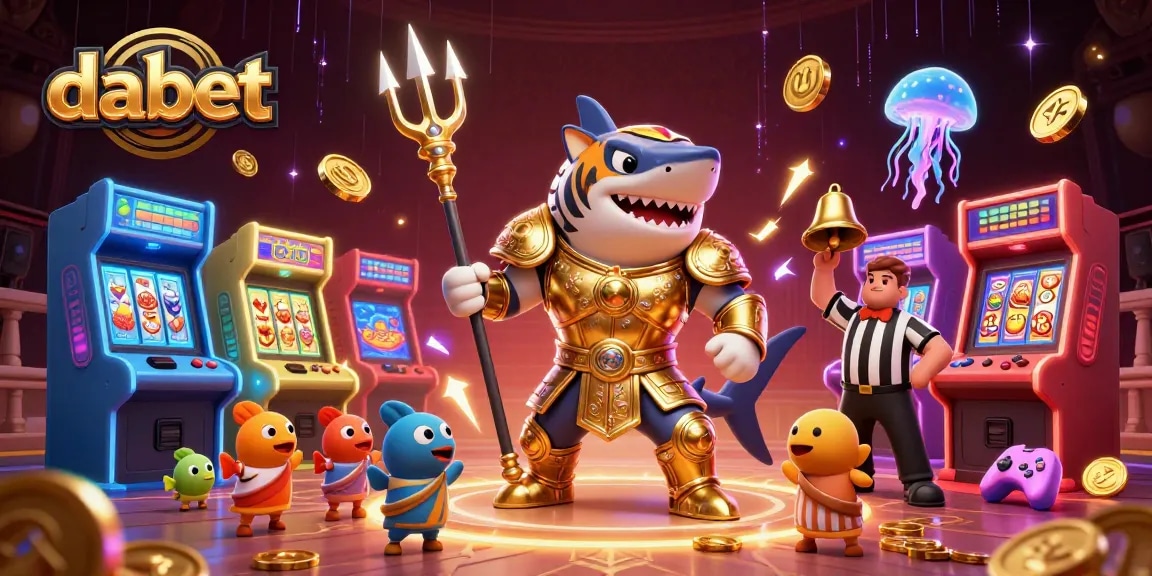 Dabet features an epic scene of a tiger shark gladiator amidst vibrant gaming chaos in a lively underwater colosseum.