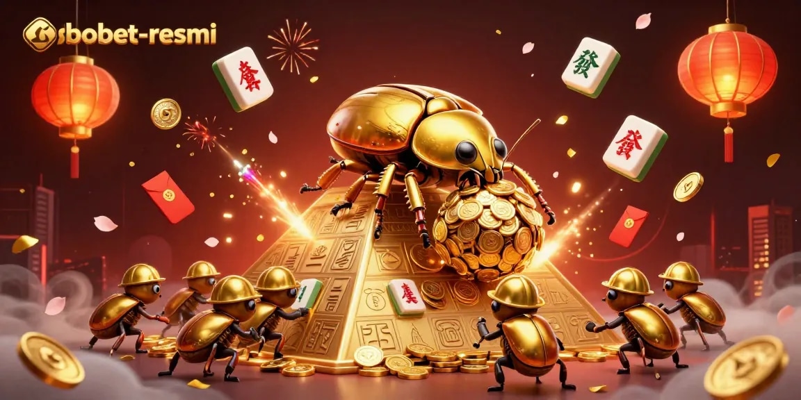 Experience sbobet-resmi with a captivating 3D illustration of a golden beetle navigating a coin-laden pyramid.