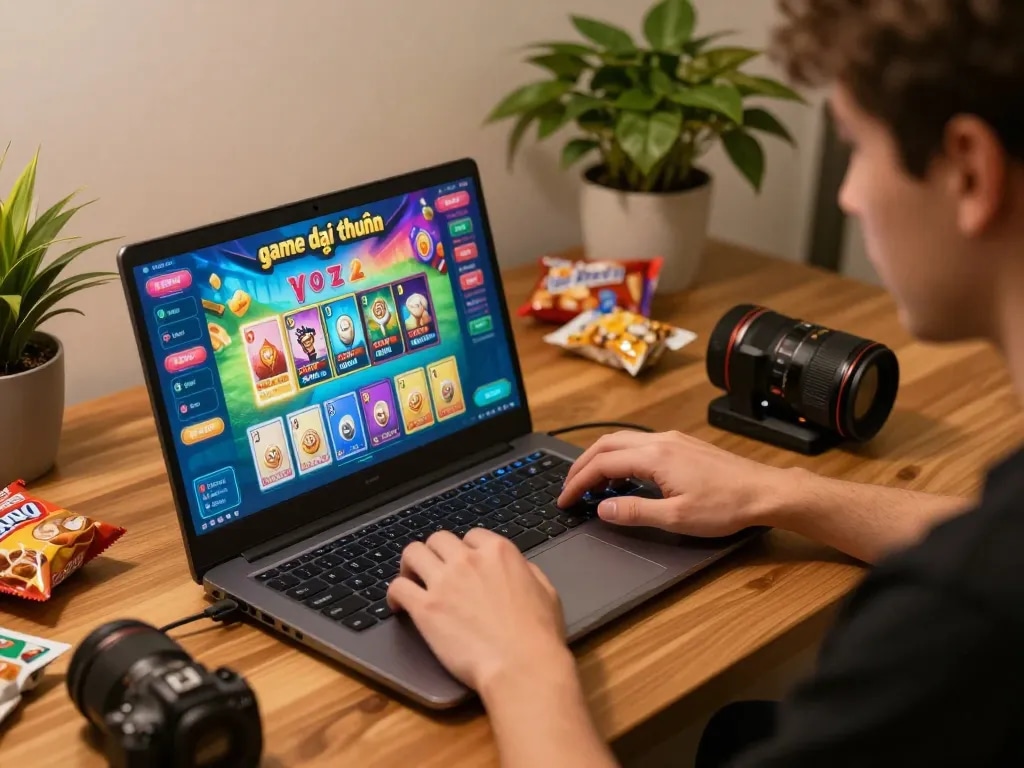 Engaging session of game đổi thưởng on a laptop showcasing vibrant graphics and player concentration