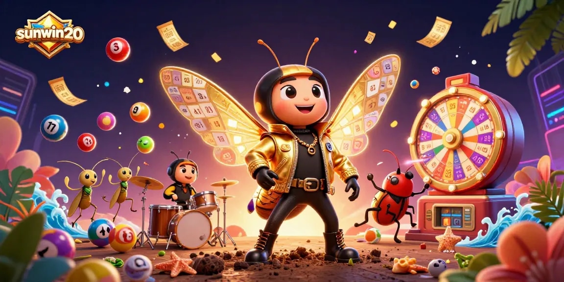 Experience sunwin20's vibrant lottery scene with buzzing characters, colorful balls, and dynamic casino elements.
