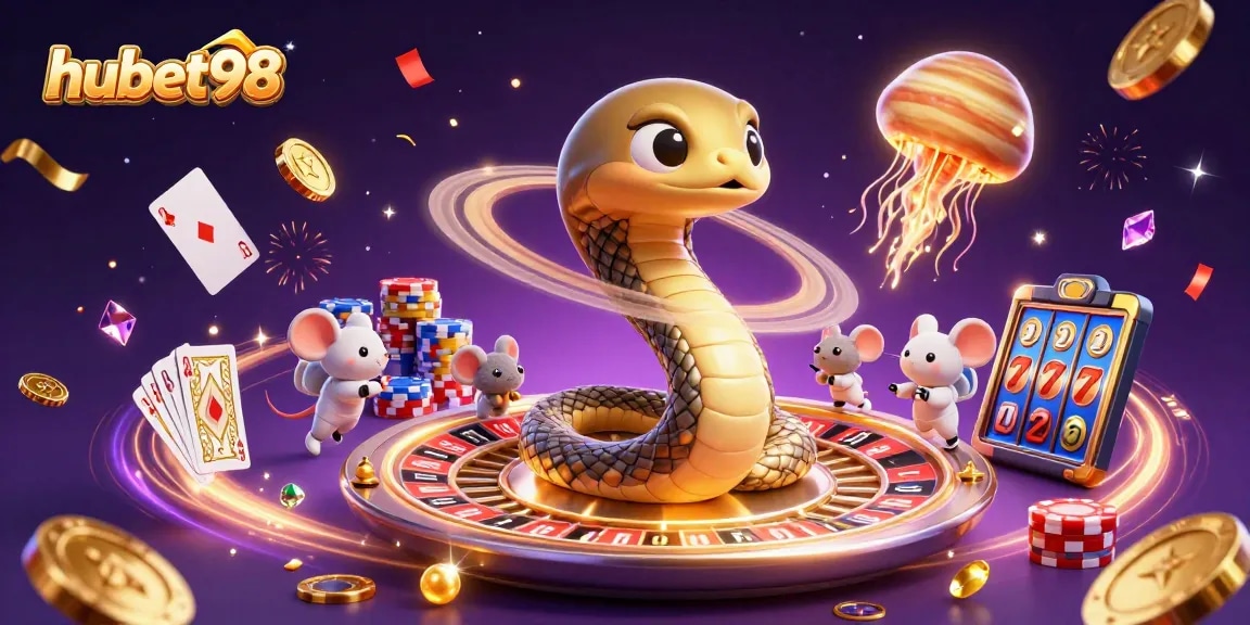 Experience thrilling gameplay at hubet98 with a vibrant 3D casino illustration featuring astronauts and a cosmic dealer.