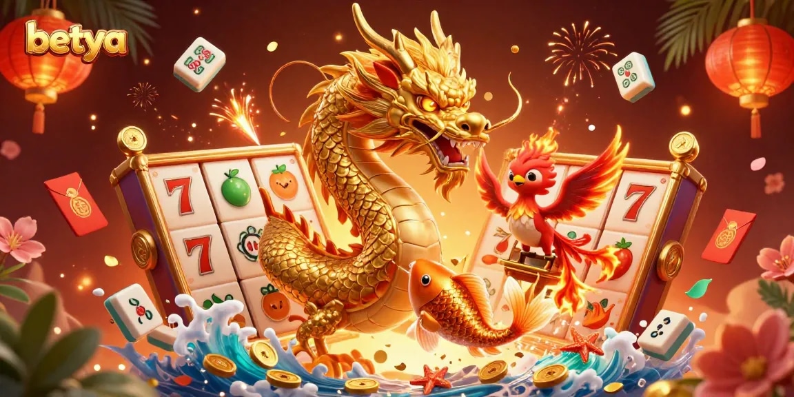 Experience the thrill at betya: golden dragon, phoenix, and koi fish amidst colorful slot elements.