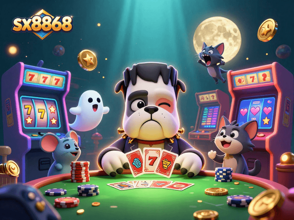 Play exciting card games with sx8868's vibrant 3D characters at a spooky casino!