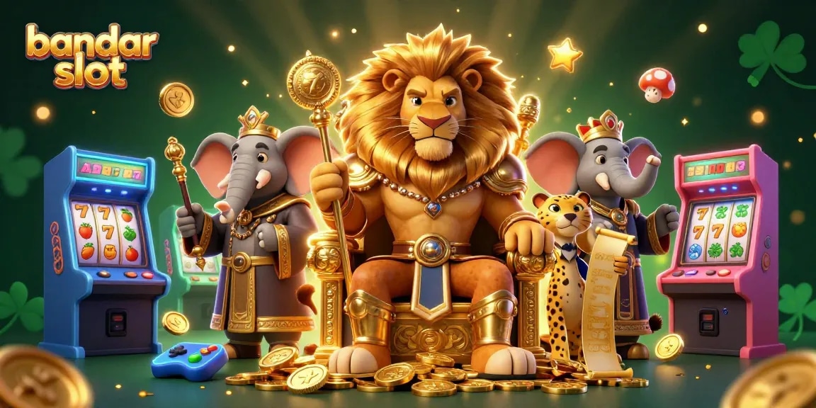 Experience thrilling bandar slot action with a fierce lion king, vibrant slot reels, and dynamic game elements.