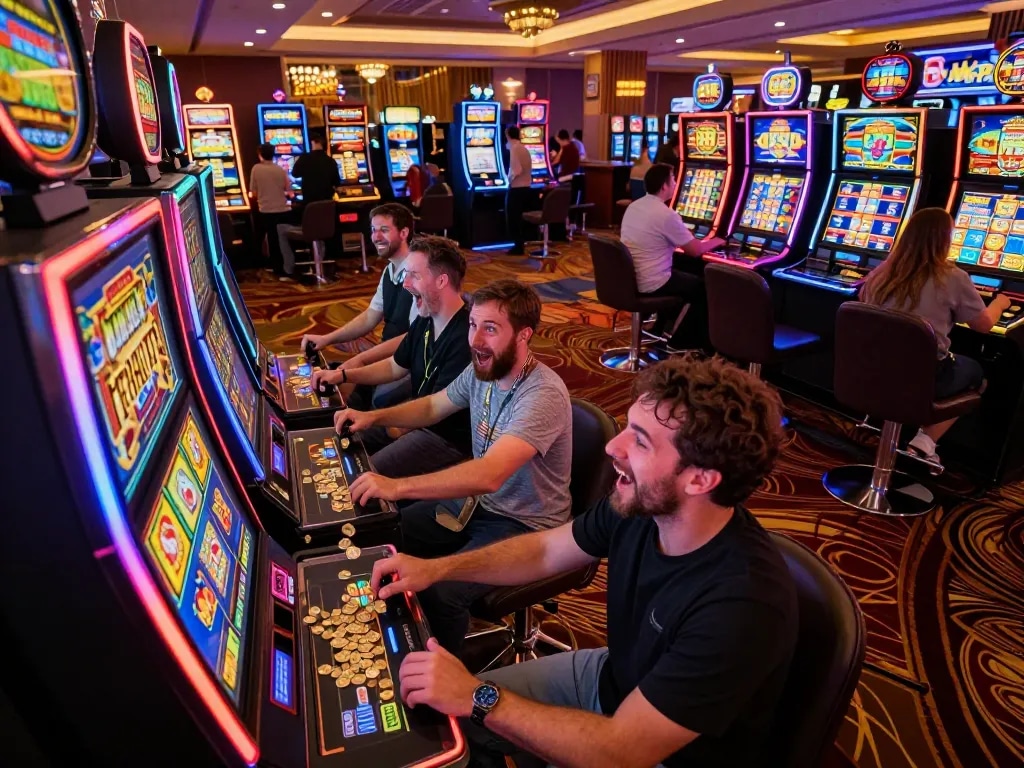 Players enjoying the thrilling excitement of slot machines at 8day casino with vibrant atmosphere and bright lights