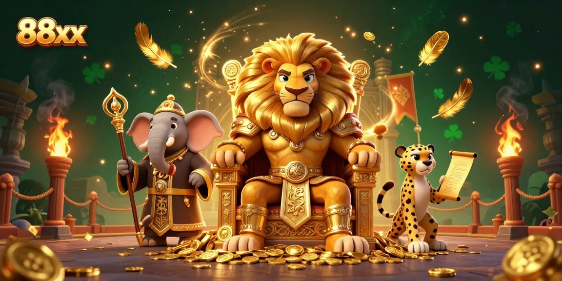 Experience the thrill of 88xx in a vibrant casino scene with lions, elephants, and cheetahs.