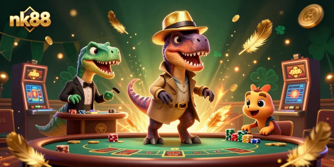 nk88 cartoon velociraptor card counter sneaking chips at a blackjack table in a lively casino scene