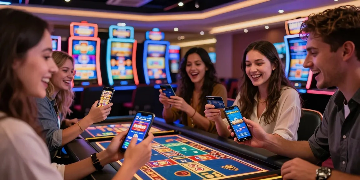 Exciting moment at casinos that accept credit cards, featuring friends playing games on smartphones in a vibrant online casino setting.