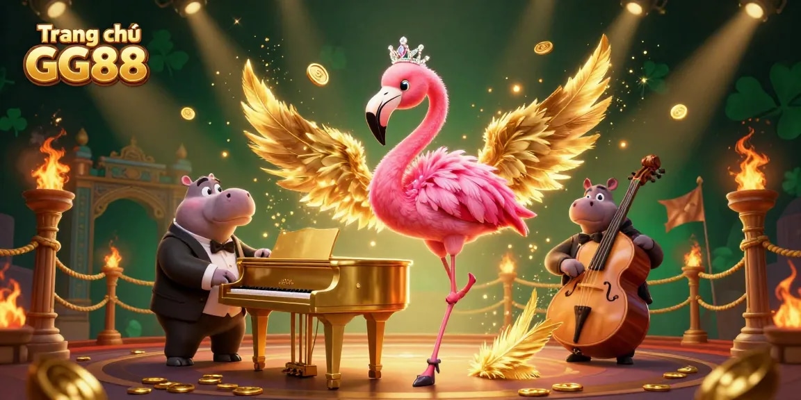 Win big with Trang chủ GG88 as a flamingo lounges at a golden piano amidst dynamic casino elements.