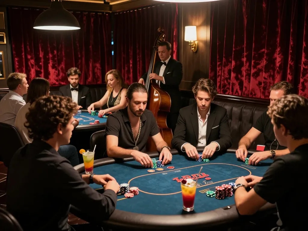 Players engaging in strategic poker gameplay at RR88's luxurious gaming lounge.
