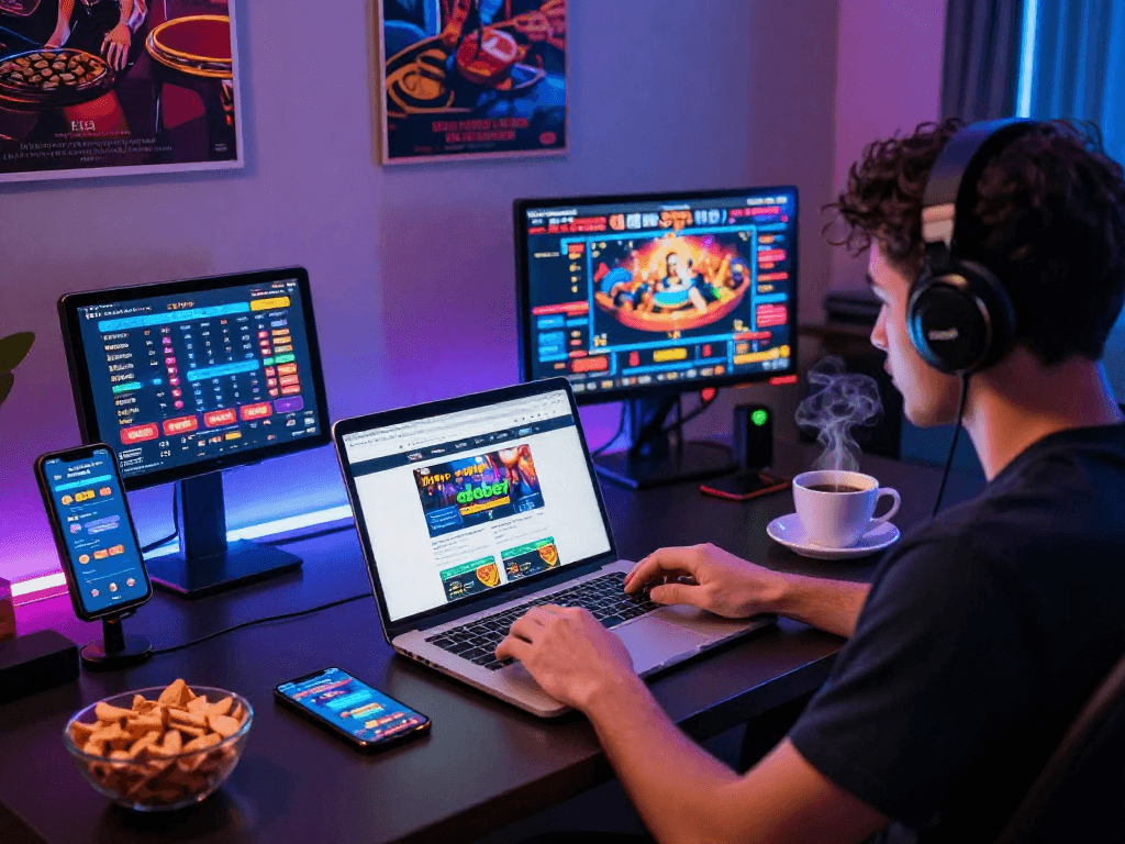 Engaging online gambling experience with nhà cái debet displayed on laptop in a vibrant gaming room