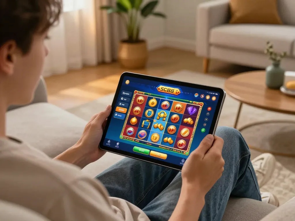 Engaging with the SC88 app for exciting gaming moments on a cozy couch.