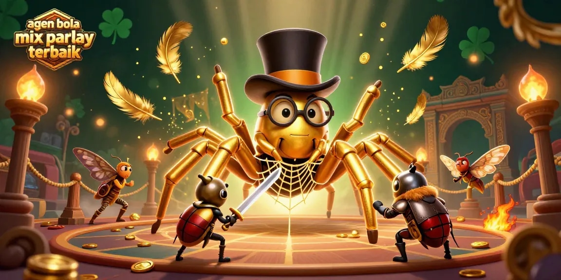 Agen bola mix parlay terbaik showcases a dynamic scene with a golden tarantula and beetle knight in a casino-themed illustration.