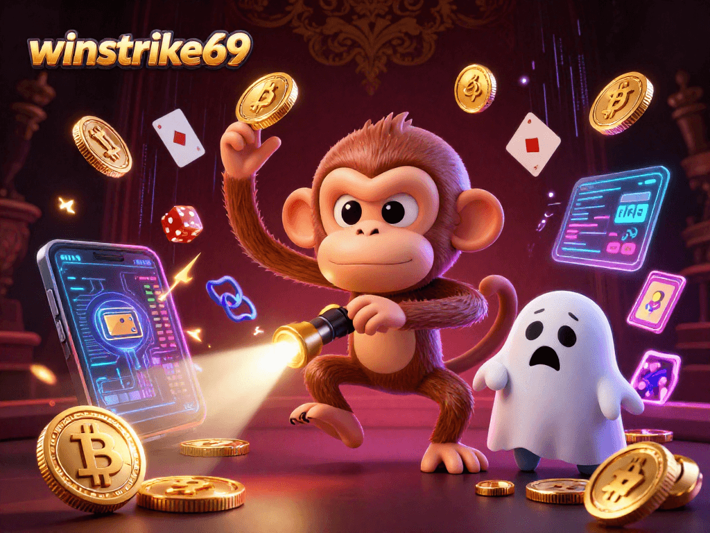 Winstrike69 showcases a lively casino scene featuring a playful poltergeist monkey and a ghost-hunter puppy.