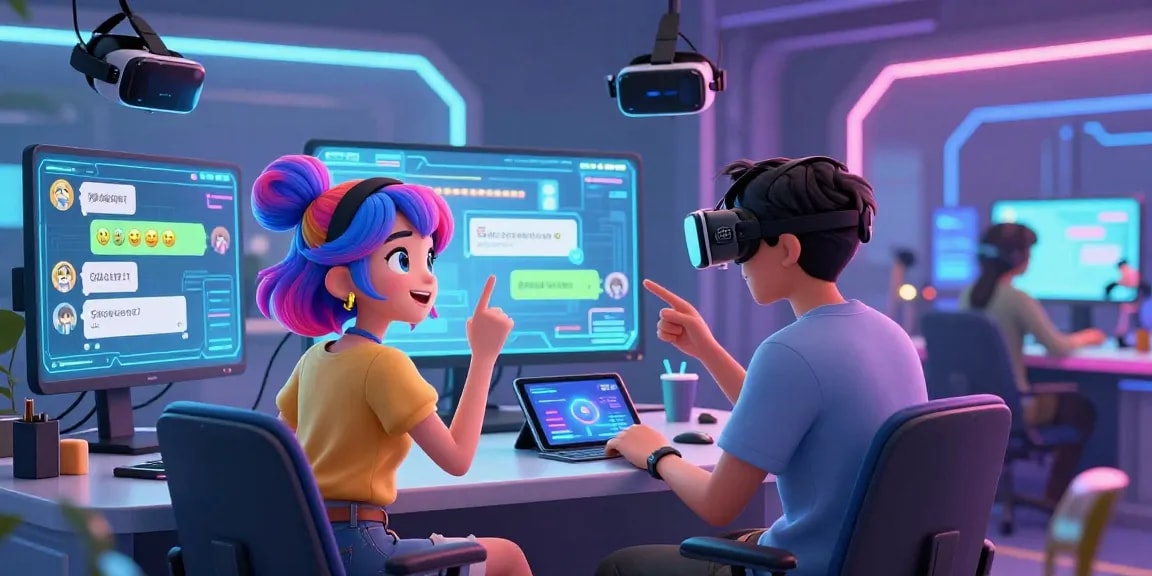 Interactive scene of AI hentai chat with vibrant anime characters in a futuristic chat room environment.