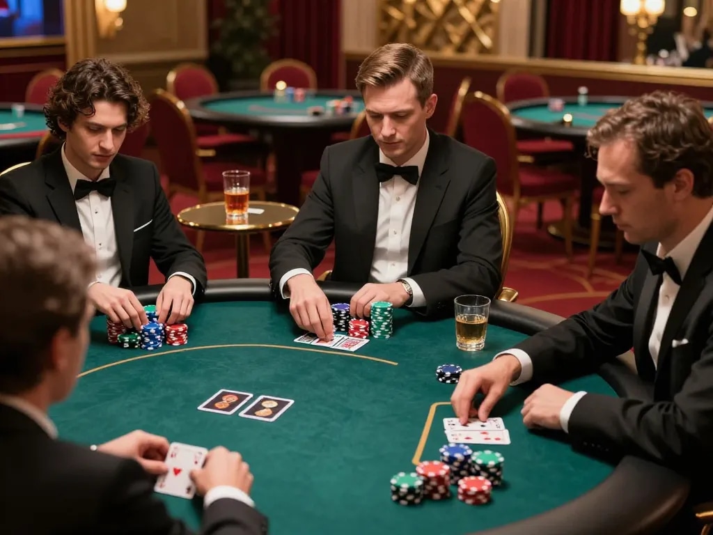 98win vin players strategizing in an intense poker game with colorful chips on the table.