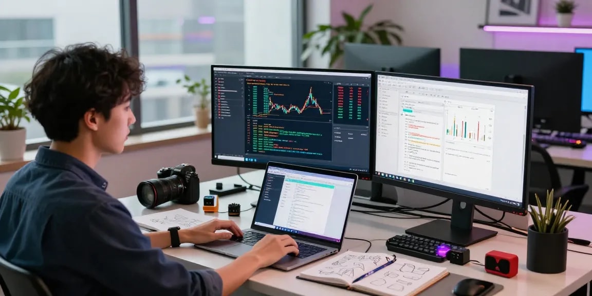 Developer utilizing HK stock backtesting API in a modern workspace with dual monitors, vibrant atmosphere, and tech tools.