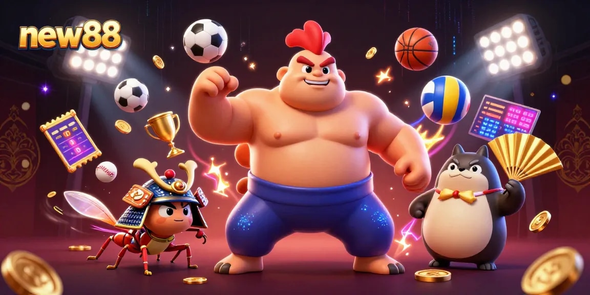 Engage in thrilling bets at new88 with energetic characters in an electrifying casino scene.