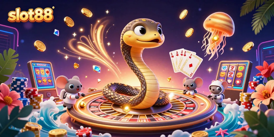 Engage with slot88 in a vibrant casino-themed scene featuring a unique planetary roulette and cheerful astronaut mice.