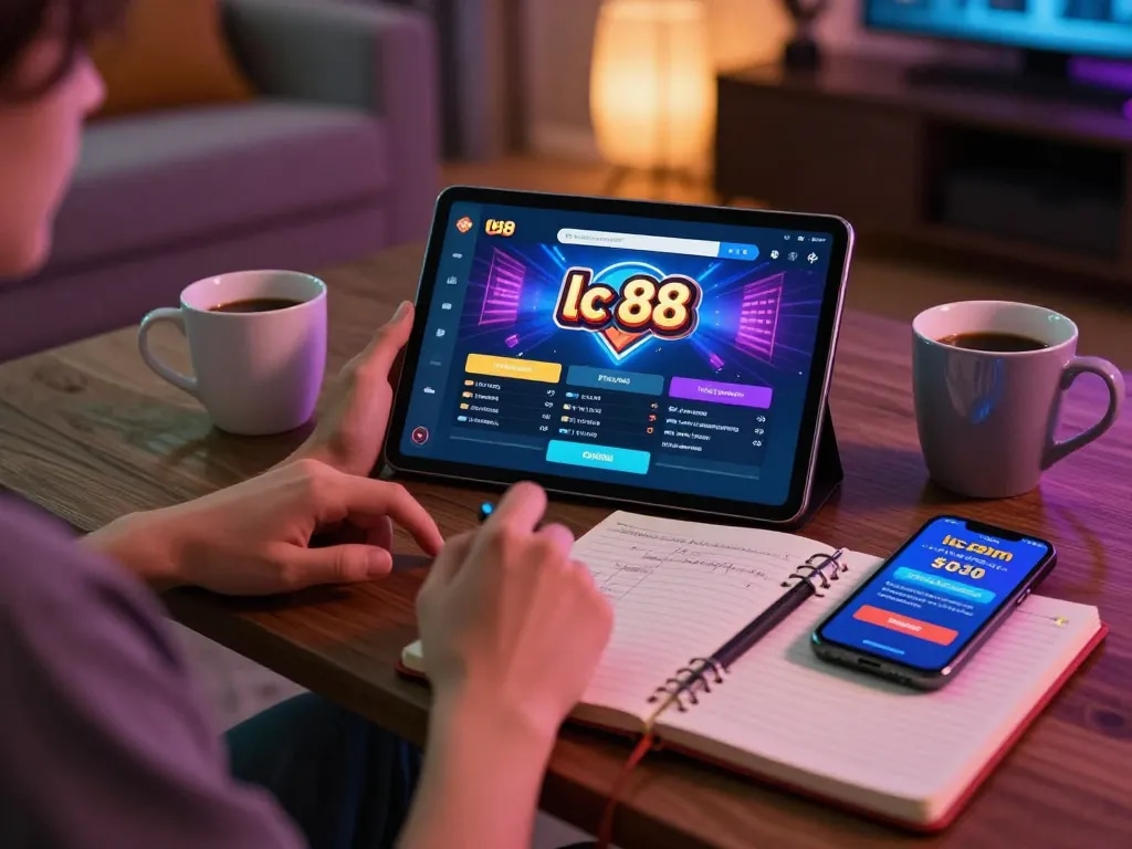 Player engaging in lc 88 online gaming strategy session at home, showcasing tablet interface and cozy surroundings.