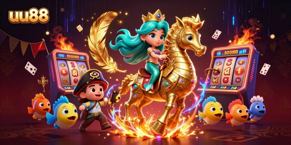 Experience thrilling wins at uu88 with a dynamic online casino scene featuring vibrant characters and immersive game elements.
