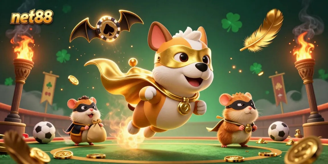 Experience thrilling sports betting with net88 featuring a superhero dog and hamster in an action-filled scene.
