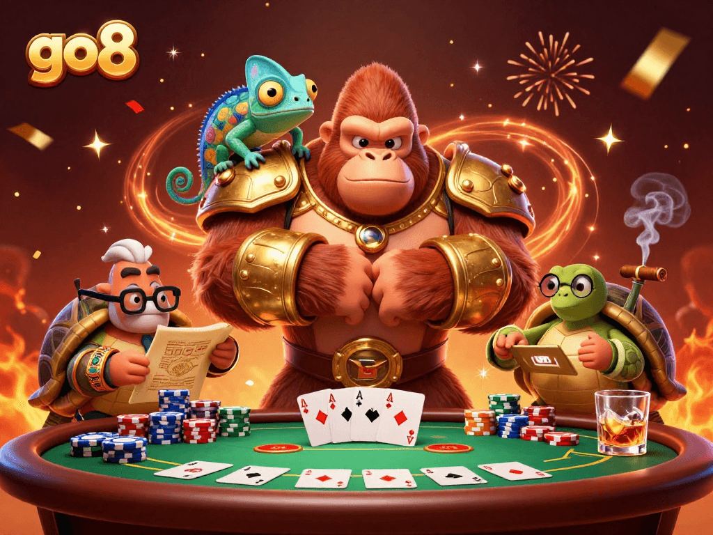 Experience thrilling gaming at go8 with a powerful gorilla king challenging at the poker table.