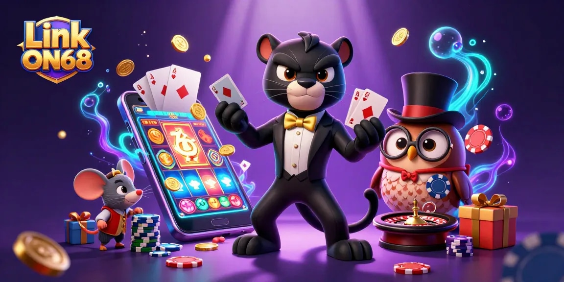 Join the fun with Link ON68, featuring a stylish panther dealing cards alongside an owl and lucky mouse.