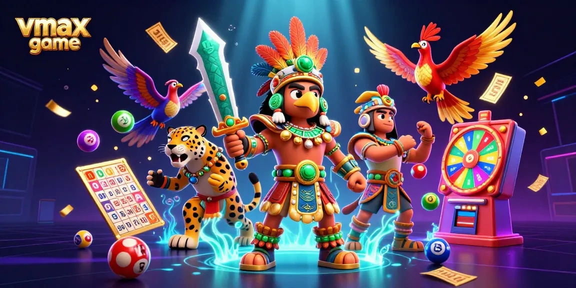 Engaging vmax game scene featuring Aztec warrior and vibrant lottery elements, illustrating excitement in gaming.