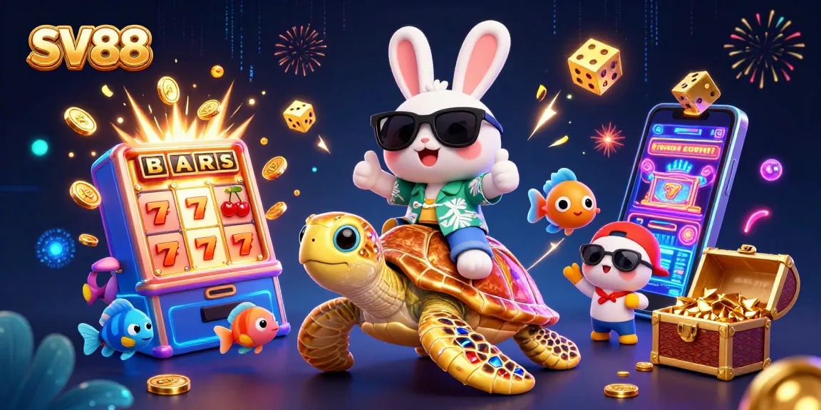 SV88 showcases a lucky rabbit and golden turtle celebrating casino wins amidst slot machines.
