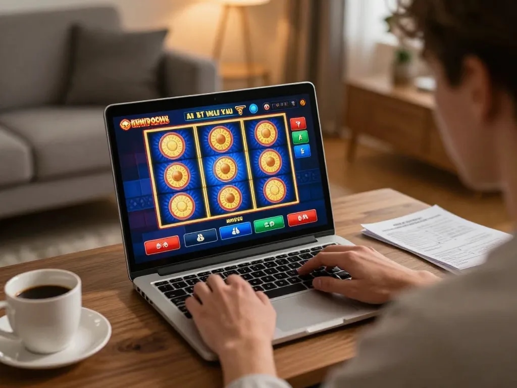 Player enjoying slot games on llwin while analyzing strategy notes in a cozy home setting.