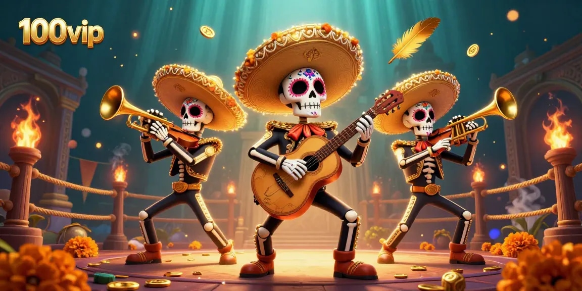 Experience the vibrant 100vip casino with a thrilling mariachi band and dynamic gaming elements in action.