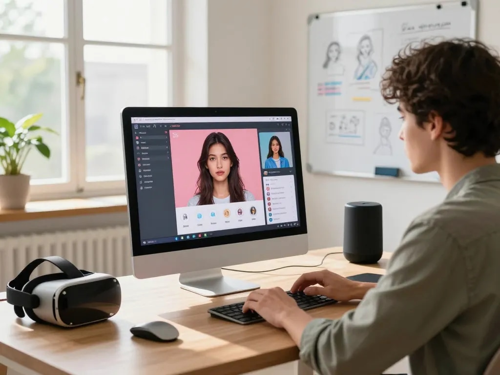 Individual customizing their AI gf in a modern home office, showcasing innovative technology and creative character design.
