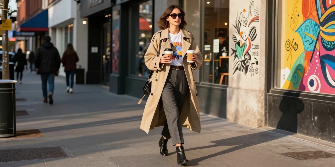 Fashion blog scene featuring a stylish urban woman in a trench coat, confidently strolling with a coffee cup.