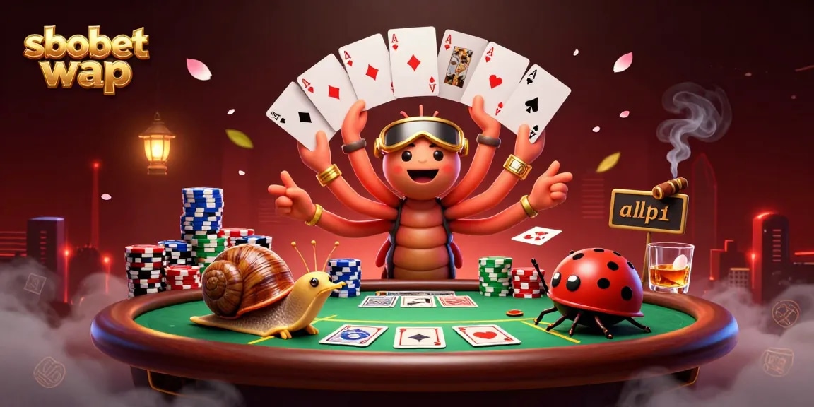 Experience sbobet wap with animated characters at an exciting poker game table.