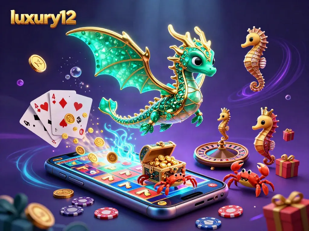 Engage in luxury12 gaming with a vibrant scene showcasing a sea dragon, golden coins, and slot machines.