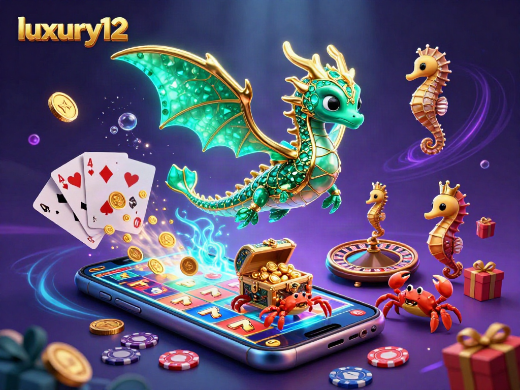 Engage in luxury12 gaming with a vibrant scene showcasing a sea dragon, golden coins, and slot machines.