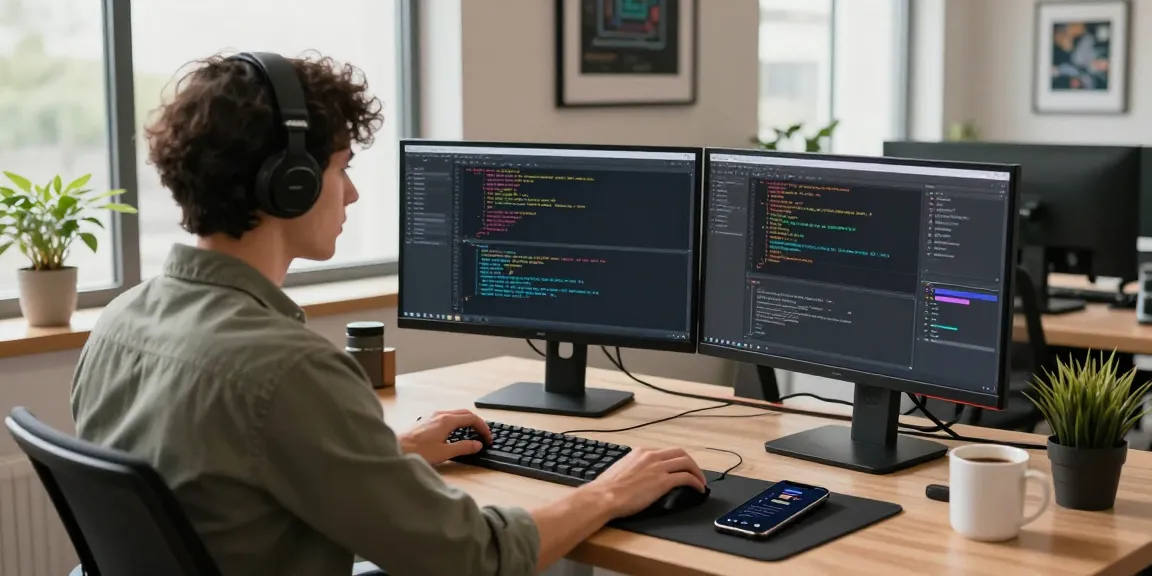 Developer coding on dual monitors at telegraimin.com workspace, showcasing a vibrant tech environment.