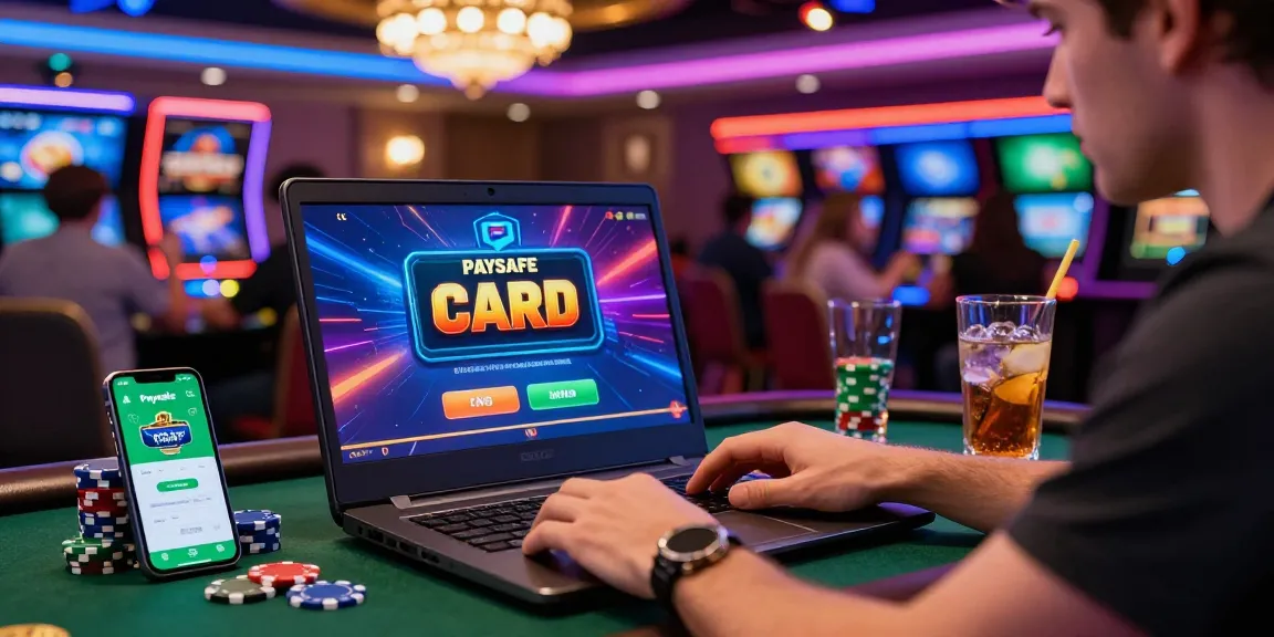 Paysafe-Karten-Casino-Szene, die einen Spieler zeigt, der in Online-Gaming mit lebhaften Grafiken und erleichterten Transaktionen vertieft ist.