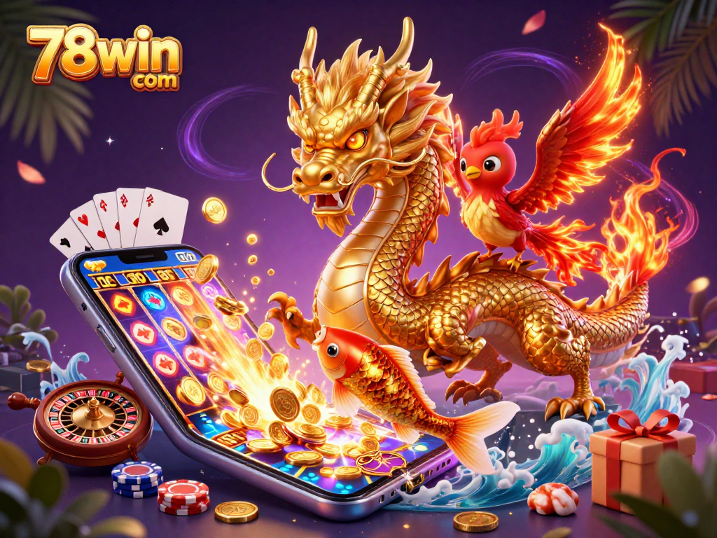 Engage with exciting 78win com casino visuals featuring a dragon, phoenix, and koi fish amidst the thrill of gaming.