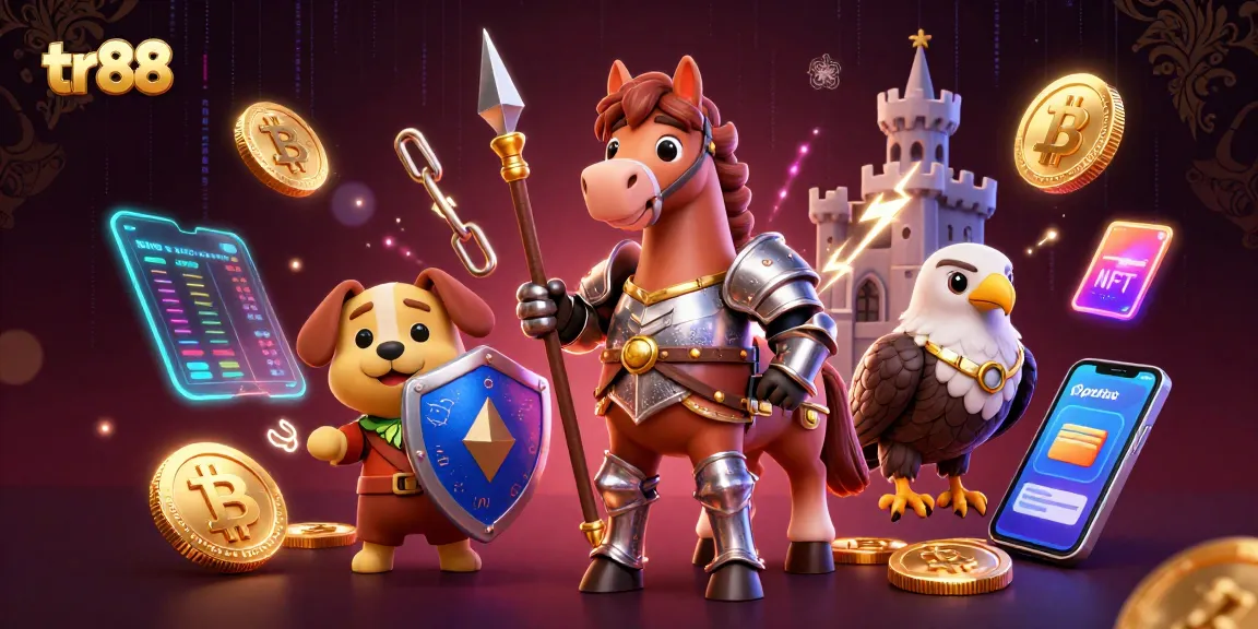Experience thrilling moments at tr88 with cartoon knight and crypto elements in a vibrant casino scene.