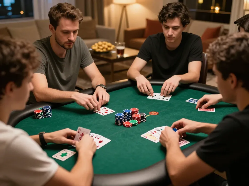 Engaged friends playing poker at home, showcasing strategic moments with jus77 excitement