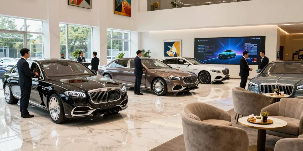 Showroom mobil mewah LUXURY 777 dengan kendaraan premium yang mengkilap dan suasana elegan.
