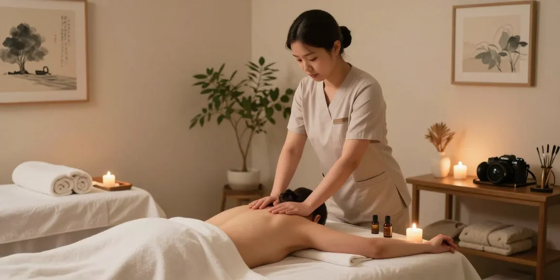 Relaxing 천호동출장마사지 environment with therapist and serene spa setup.