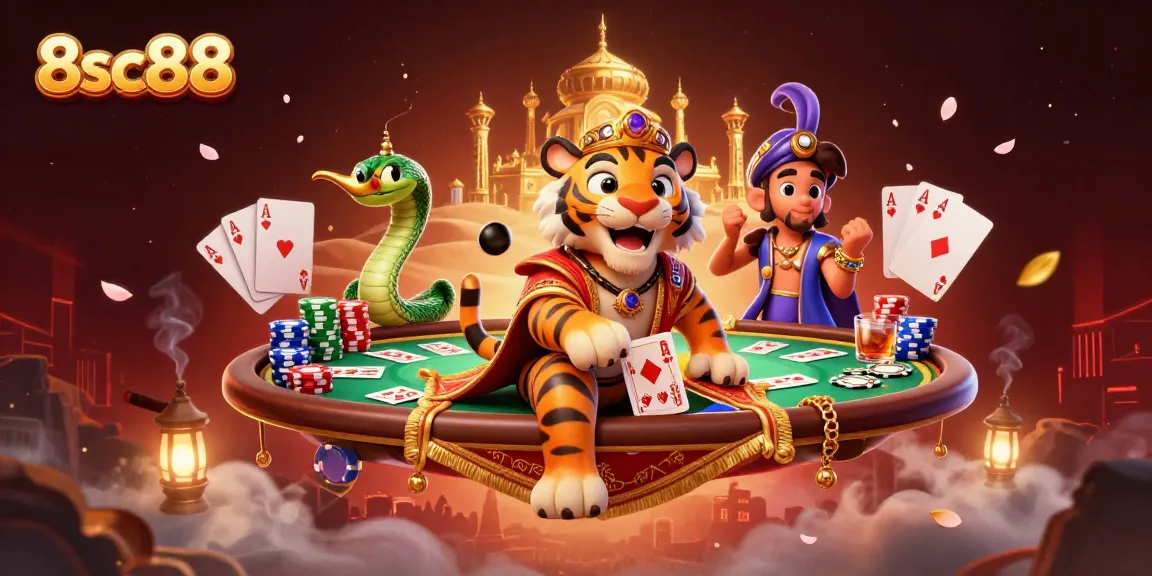 Join the thrilling world of 8sc88 as the sultan and genie celebrate big wins at a vibrant poker event.