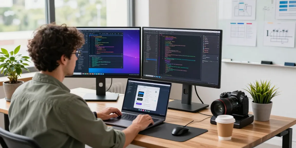 Dynamic software development workspace at teiegramin.com showcasing a developer coding with dual monitors and creative elements.