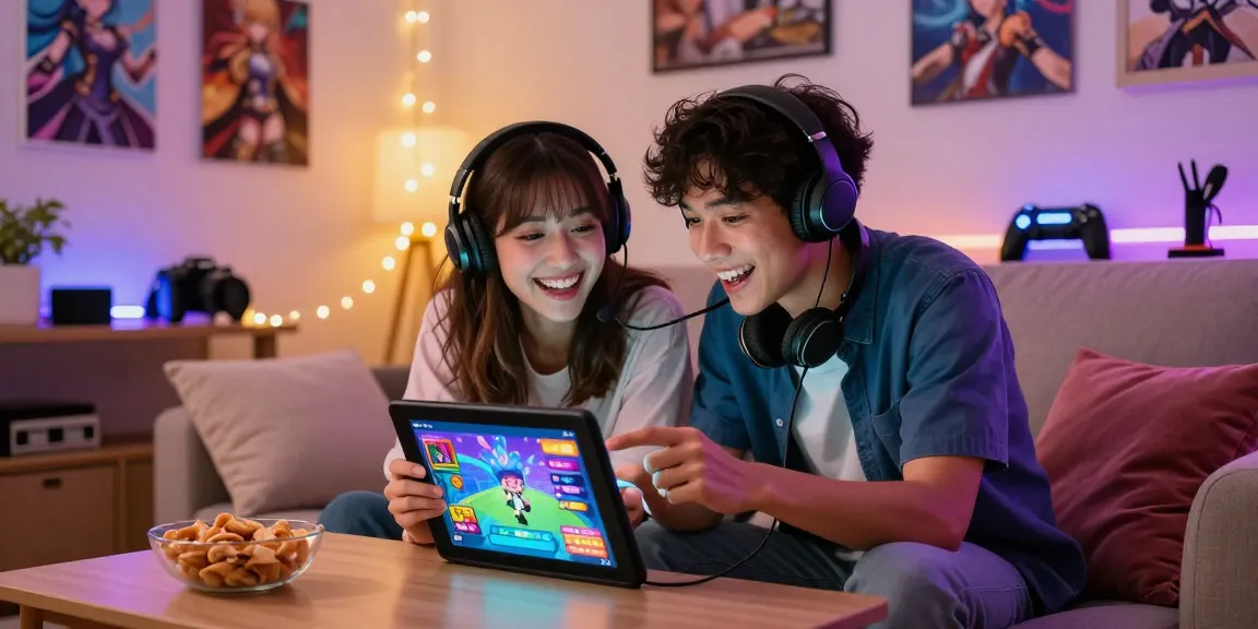 Couple playing a hentaigame together in a cozy living room, enjoying the immersive experience.