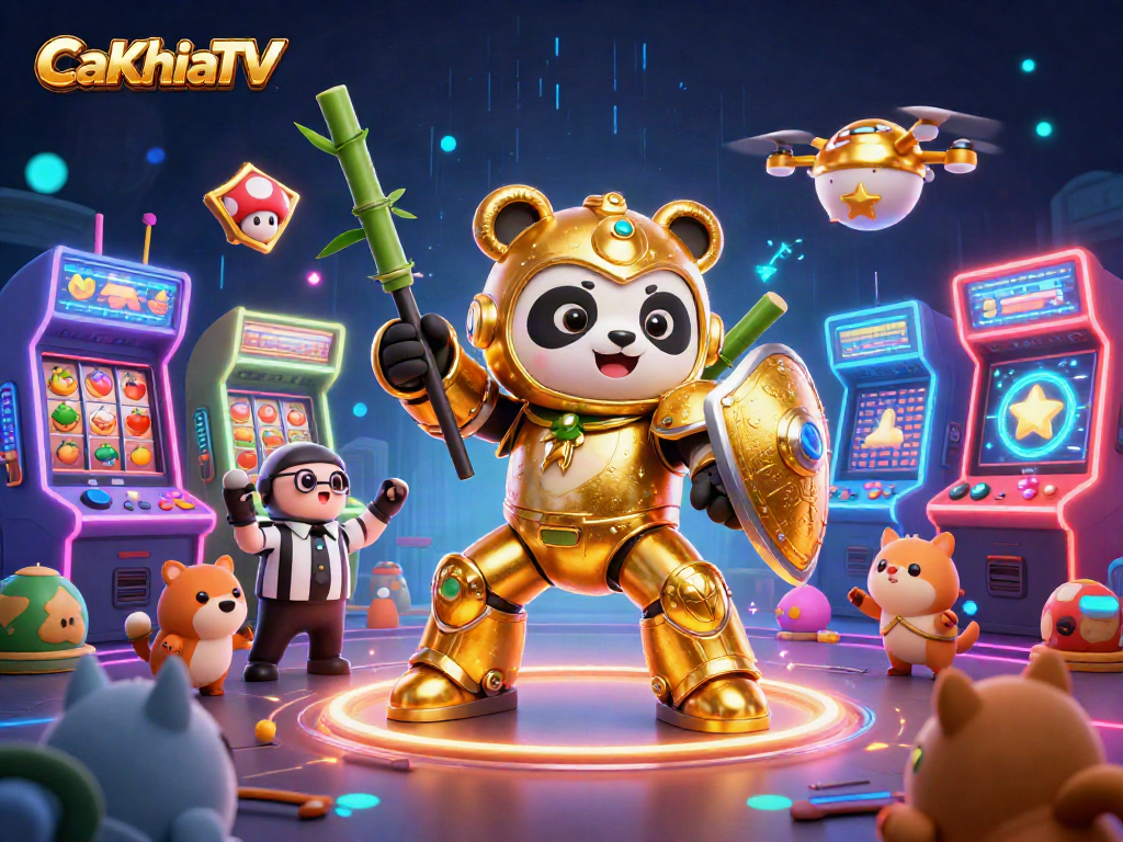 Watch CaKhiaTV showcase exciting slots action in a vibrant gaming arena illustration.