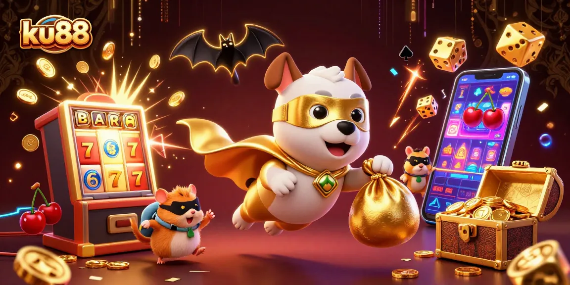 ku88 showcases a vibrant casino adventure with a superhero dog and dynamic slot machine action