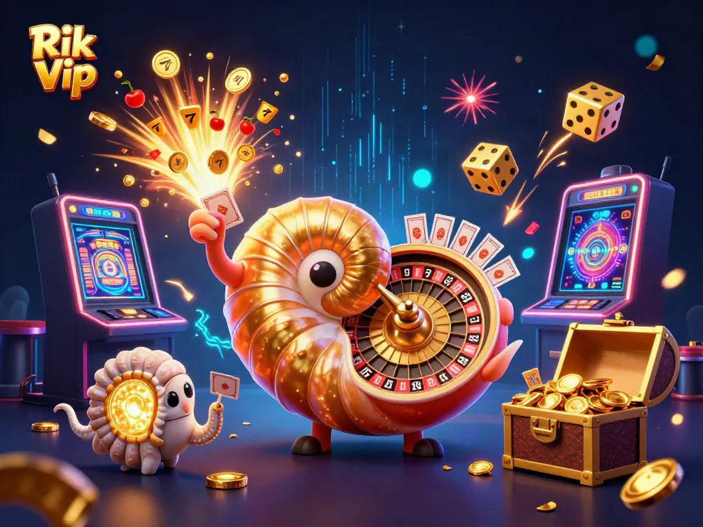 Engage with the vibrant world of Rik Vip, featuring animated casino elements and surreal characters in action.